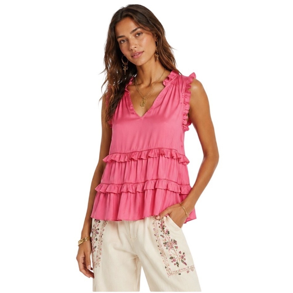 NWT AQUA Bloomingdale's Pink Satin Ruffle Tiered Sleeveless Blouse Size Small